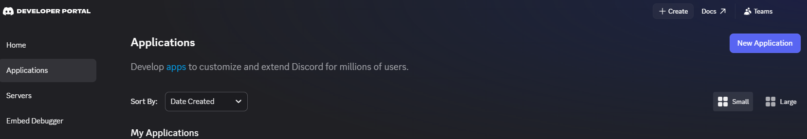 Discord Developer Portal — Applications list with the 'New Application' button in the top right