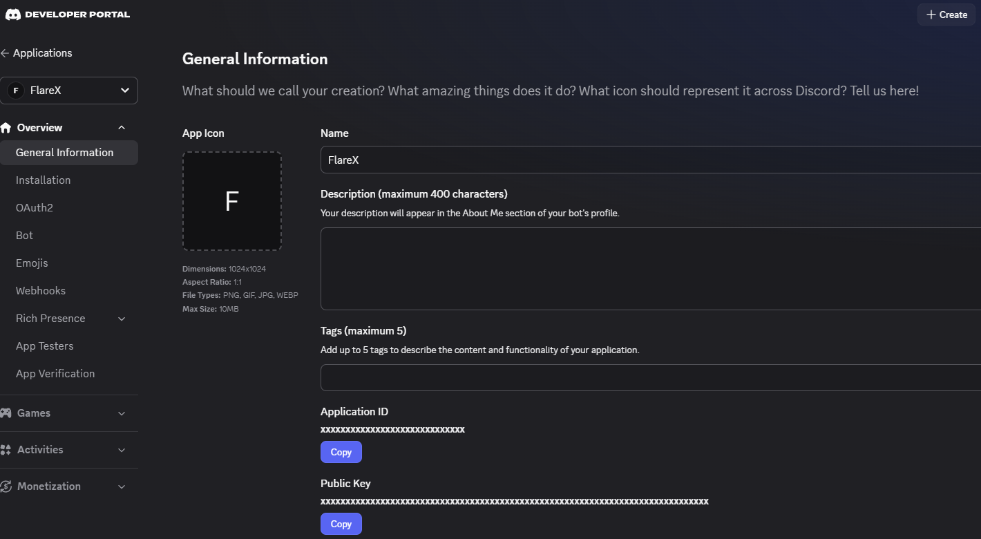 General Information page showing the Name, Description, Tags, Application ID, and Public Key fields
