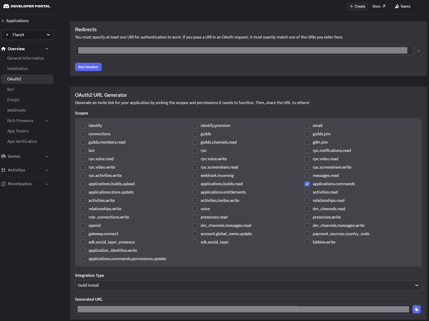 OAuth2 URL Generator scopes list with applications.commands checked, plus Integration Type set to Guild Install