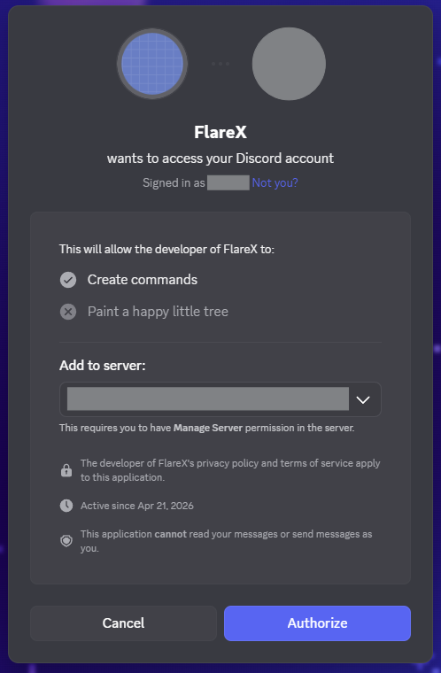 Discord in-browser authorize screen for the FlareX app, with server dropdown, permissions list, Cancel and Authorize buttons
